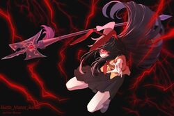  1girl animal_ears battle_master_reisen black_background black_hair black_skirt commentary full_body glowing glowing_eye holding holding_weapon lightning looking_at_viewer m.u.g.e.n necktie rabbit_ears rabbit_girl red_eyes red_necktie reisen_udongein_inaba rion_(glayjirobass) shirt sidelocks skirt solo touhou weapon yellow_shirt 