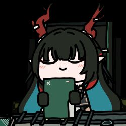  1girl animated animated_gif arknights arknights:_endfield blue_hair blush chibi closed_eyes closed_mouth colored_inner_hair colored_tips dragon_girl dragon_horns facing_viewer gloves green_gloves green_hair holding horns long_hair looping_animation lowres multicolored_hair pointy_ears red_hair red_horns seseren simple_background smile solo sticker_(medium) transparent_background upper_body zhuang_fangyi_(arknights) 