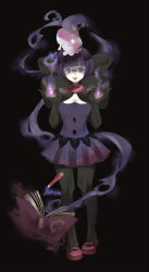  1girl aikawa01 blunt_bangs bob_cut book bow breasts buttons candle casting_spell elbow_gloves fire ghost_type_theme_(pokemon) glasses gloves large_bow litwick low_neckline magic_circle medium_breasts neck_pillow pantyhose pen pokemon pokemon_(creature) pokemon_black_and_white purple_fire purple_hair rimless_eyewear round_eyewear shauntal_(pokemon) short_hair smile violet_eyes 