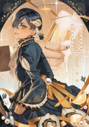  1boy absurdres alcohol argyle_background aristocratic_clothes ascot back_ribbon beads bishounen blue_border blue_dress blue_eyes blue_hair border champagne ciel_phantomhive closed_mouth collared_dress commentary cowboy_shot dress earrings eyepatch food frilled_dress frilled_sleeves frills fruit gem glint hair_between_eyes hair_ornament high_collar highres inverted_eyelashes jewelry kuroshitsuji layered_sleeves lemon lemon_slice male_focus ouji_fashion oval_border overflowing oyster pearl_(gemstone) pearl_earrings questtneo short_hair signature smile solo_focus sparkle star_(symbol) star_in_eye symbol_in_eye tassel tassel_hair_ornament wide_sleeves 