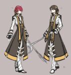  2boys arch_bishop_(ragnarok_online) black_footwear black_gloves blue_eyes brown_background brown_coat brown_hair brown_horns closed_mouth coat commentary_request cropped_jacket cross cross_necklace expressionless eyes_visible_through_hair fake_horns fingerless_gloves full_body gloves hair_between_eyes height holding holding_staff horns jacket jewelry kusabi_(aighe) long_bangs long_sleeves looking_at_viewer male_focus multiple_boys necklace pants ragnarok_online redhead shoes short_hair simple_background smile staff standing two-tone_footwear white_footwear white_jacket white_pants 