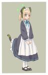  1girl alternate_costume alternate_hairstyle animal_ear_headphones animal_ears apron blonde_hair blue_archive cat_ear_headphones cat_tail fake_animal_ears fake_tail green_eyes halo headphones highres maid maid_apron maid_headdress matsuda_hikari midori_(blue_archive) simple_background socks solo tail two-tone_background white_socks 