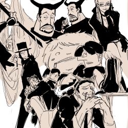  1girl 6+boys animal_on_shoulder beard bird bird_on_shoulder blueno commentary_request dress eyewear_on_head facial_hair fukurou_(one_piece) glasses gloves greyscale grin hat hattori_(one_piece) head_rest highres jabra_(one_piece) kalifa_(one_piece) kumadori_(one_piece) long_hair long_nose monochrome multiple_boys multiple_views mustache necktie one_piece pigeon rob_lucci sideburns smile sutaneko zipper 