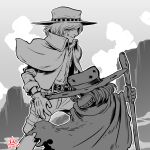  1970s_(style) 2boys bullet_hole cane cloak clouds commentary_request concealed_weapon cowboy_hat cowboy_western dated desert glasses grin gun_frontier_(western) harlock hat highres hood hooded_cloak matsumoto_leiji_(style) monochrome multiple_boys official_style ooyama_toshiro retro_artstyle scar scar_on_face shikomizue signature size_difference smile smirk sword weapon 