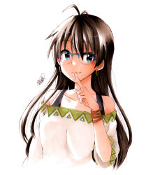  1girl antenna_hair bespectacled black_hair blue-framed_eyewear blue_eyes bracelet breasts closed_mouth collarbone commentary_request cropped_torso earrings facing_viewer finger_to_mouth ganaha_hibiki ginnoturu glasses hair_down idolmaster idolmaster_(classic) jewelry long_hair multiple_bracelets over-rim_eyewear semi-rimless_eyewear shirt sideways_glance simple_background smile solo white_background white_shirt 
