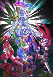  1girl 4boys armor black_armor black_eyes black_helmet blue_armor blue_eyes blue_helmet blue_robe commentary cyber_elf_x_(mega_man) dark-skinned_male dark_skin english_commentary facial_mark fairy_leviathan_(mega_man) fighting_fefnir_(mega_man) forehead_jewel green_armor green_eyes green_helmet group_picture halo helmet hidden_phantom_(mega_man) highres holding holding_kunai holding_polearm holding_weapon horns kunai mega_man_(series) mega_man_zero_(series) multiple_boys ninja polearm red_armor red_eyes red_helmet robe sage_harpuia_(mega_man) scarf spear srn001terra weapon x_(mega_man) 