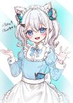  :d absurdres alternate_costume animal_ear_fluff animal_ears apron blue_bow blue_bowtie blue_eyes blush bow bowtie butterfly_hair_ornament collared_dress double_bun dress english_commentary female_child flat_chest goddess_of_victory:_nikke grey_hair hair_between_eyes hair_bun hair_ornament hami_ririsu head_tilt highres juliet_sleeves long_sleeves maid maid_apron maid_headdress medium_hair n102_(nikke) open_hand open_mouth puffy_sleeves short_hair short_twintails sidelocks sketch smile twintails white_hair 