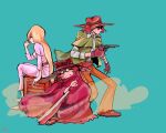  1970s_(style) 1girl 2boys blonde_hair brown_hair bullet_hole cane cloak commentary_request cowboy_hat cowboy_western dust_cloud glasses gloves gun gun_frontier_(western) harlock hat hood hooded_cloak matsumoto_leiji_(style) mmkmk0220 multiple_boys official_style ooyama_toshiro retro_artstyle revolver shikomizue signature sitting sword weapon wooden_box 