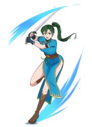  1girl absurdres blue_dress breasts commission dress earrings fingerless_gloves fire_emblem fire_emblem:_the_blazing_blade gloves green_eyes green_hair high_ponytail highres holding holding_sword holding_weapon jewelry ko-fi_commission looking_at_viewer lyn_(fire_emblem) medium_breasts open_mouth pelvic_curtain ponytail rope_belt selhelm side_slit solo sword weapon 