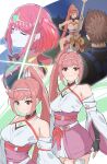 1boy 2girls absurdres bare_shoulders blunz bob_cut breasts brown_hair chest_jewel closed_eyes core_crystal_(xenoblade) glimmer_(xenoblade) high_ponytail highres holding holding_instrument instrument japanese_clothes kimono large_breasts long_hair multiple_girls off_shoulder pink_eyes pink_hair pyra_(xenoblade) redhead rex_(xenoblade) short_hair swept_bangs tiara very_short_hair violin white_kimono xenoblade_chronicles_(series) xenoblade_chronicles_3 xenoblade_chronicles_3:_future_redeemed 