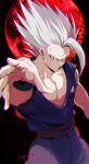  1boy absurdres artist_name bb_m0024 black_background black_wristband closed_mouth collarbone commentary_request dougi dragon_ball dragon_ball_super dragon_ball_super_super_hero full_moon gohan_beast grey_hair hand_up highres looking_at_viewer male_focus moon muscular muscular_male pectorals purple_sash red_eyes red_moon sash serious short_hair solo son_gohan spiky_hair torn_clothes twitter_username v-shaped_eyebrows wristband 