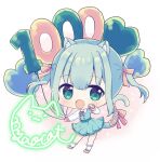 1girl animal_ear_fluff animal_ears aqua_dress balloon blue_hair blush cat_ears cat_tail character_name chibi collared_shirt commentary_request dress green_eyes hair_between_eyes hair_ribbon heart_balloon highres hyogayome_(artist) indie_virtual_youtuber light_blue_hair long_sleeves milestone_celebration neck_ribbon number_balloon nyaocat open_mouth paw_pose pinafore_dress pink_footwear pink_ribbon raised_eyebrows ribbon shirt sidelocks sleeveless sleeveless_dress socks tail tail_ornament tail_ribbon two_side_up white_shirt white_socks wing_collar