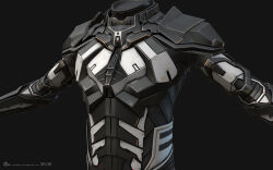 3d armor armored_bodysuit commentary company_logo company_name copyright_logo copyright_name dark_background dated english_commentary eve_online grey_armor grey_background grey_theme highres logo marmoset_toolbag_(medium) maya_(medium) no_humans official_art realistic science_fiction simple_background undoz upper_body 