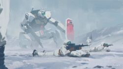  4others artist_name assault_visor commentary earth_federation gm_cold_districts_type green_visor gun gundam gundam_0080 highres hill holding holding_gun holding_weapon hood hood_up icemarv14 machine_gun mecha military_uniform mobile_suit multiple_others radio_tower robot science_fiction shield snow tundra weapon winter_clothes 