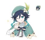  1boy androgynous beret black_hair braid brooch cape collared_cape finger_to_mouth flower frilled_sleeves frills genshin_impact genshin_impact_sticker_redraw_(meme) gradient_hair green_cape green_eyes green_hair green_headwear hair_between_eyes hat hat_flower highres jewelry juliet_sleeves long_sleeves meme multicolored_hair one_eye_closed puffy_sleeves q_(oshikuraq) reference_inset shirt short_hair_with_long_locks simple_background solo star_(symbol) tongue tongue_out twin_braids venti_(genshin_impact) white_background white_shirt 