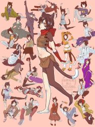  6+girls :3 animal_ears apron birthday black_hair blue_overalls carya_shagbark casual cat_ears cat_girl cat_tail closed_mouth coat collared_shirt commentary_request dress dungeon_meshi frilled_apron frills full_body furry furry_female grey_dress happy_birthday highres izutsumi long_sleeves maid maid_apron maid_headdress mask mouth_mask multiple_girls multiple_persona ninja ninja_mask overalls pink_background plaid_clothes plaid_skirt puffy_long_sleeves puffy_sleeves red_coat red_scarf scarf shirt short_hair simple_background skirt split standing standing_on_one_leg standing_split tail white_apron white_shirt yellow_eyes 