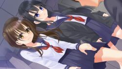  1boy 2girls asymmetrical_bangs black_hair blue_eyes blue_sailor_collar blue_skirt blunt_bangs blunt_ends blush breasts brown_eyes brown_hair cabinet ceiling choppy_bangs closed_mouth collarbone cowboy_shot dutch_angle expressionless game_cg hiba_airi indoors legs_apart light_blush long_hair long_sleeves looking_down miniskirt multiple_girls nanamiya_runa neckerchief nervous non-web_source official_art pleated_skirt red_neckerchief roshutsu-kei_mahou_shoujo sailor_collar school_uniform self-datamine serafuku shirt shitou_(4h) sidelocks skirt small_breasts standing storage_room straight_hair tile_ceiling tiles two_side_up white_serafuku white_shirt 