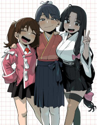  black_hair black_skirt blush bow breasts brown_hair brown_thighhighs closed_eyes closed_mouth collared_shirt commentary_request geso_smith grid_background hair_ribbon hakama hakama_skirt hand_on_another's_shoulder hand_on_own_hip highres houshou_(kancolle) japanese_clothes kantai_collection kariginu kimono large_breasts long_hair low-tied_long_hair multiple_girls open_mouth pink_bow ponytail red_kimono ribbon ryuujou_(kancolle) shirt shouhou_(kancolle) skirt teeth thigh-highs twintails upper_teeth_only v very_long_hair white_kimono white_ribbon white_shirt 