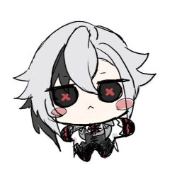  1girl :< arlecchino_(genshin_impact) black_eyes black_hands black_streaks chibi chibi_only coat colored_extremities commentary_request genshin_impact grey_coat hair_between_eyes long_sleeves looking_at_viewer lowres mihoyo multicolored_hair phasma_trey red_pupils solo streaked_hair symbol-shaped_pupils two-tone_hair white_background white_coat white_hair x-shaped_pupils 