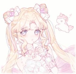  1girl arm_warmers bare_shoulders blonde_hair blue_eyes bow chinese_commentary commentary_request dreamtime_bestowed_(infinity_nikki) dress finger_to_mouth frilled_arm_warmers frills gem gem_hair_ornament hair_bow hand_up heart-shaped_gem infinity_nikki long_hair looking_at_viewer multiple_hair_bows neck_ribbon nikki_(series) parted_bangs pink_gem pink_ribbon portrait ribbon ribbon_earrings shuxinbu solo strapless strapless_dress twintails unicorn white_arm_warmers white_background white_bow white_dress 