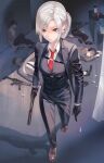  1girl black_gloves collared_shirt formal full_body gloves gun handgun highres holding holding_gun holding_weapon kfr long_hair long_sleeves necktie on_ground original pants ponytail red_eyes shirt suit walking weapon white_hair 