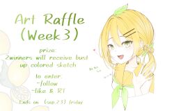  1girl :d aei_jiei artist_name blonde_hair collarbone commentary english_commentary english_text food food-themed_hair_ornament fruit green_eyes green_neckerchief hair_between_eyes hair_ornament hair_over_shoulder hairclip heart highres leaf_hair_ornament lemon lemon_hair_ornament light_blush long_hair low_twintails neckerchief open_mouth original parallel_hairclips portrait protected_link sailor_collar shirt sidelocks signature simple_background sketch sleeveless sleeveless_shirt smile solo twintails waving white_background white_shirt yellow_sailor_collar 