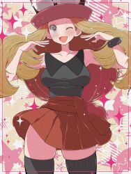  1girl black_thighhighs blonde_hair blush breasts brown_hair commentary_request eyelashes fujiwara_hiro_(kaede_ciao) grey_eyes hat highres long_hair looking_at_viewer mega_ring one_eye_closed open_mouth pokemon pokemon_x_and_y red_skirt serena_(pokemon) shirt skirt sleeveless sleeveless_shirt smile sunglasses thigh-highs 