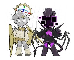  2boys :| ahoge alternate_costume animification arm_at_side asymmetrical_legwear barefoot black_shirt black_skin black_skirt black_tail black_wings bow bowtie brothers buttons cardigan clenched_hand closed_mouth collared_shirt colored_skin commentary_request contrapposto covered_face crop_top cropped_shirt crossdressing crossdressing_(mtf) deformed demon_boy demon_tail demon_wings expressionless facing_viewer feathered_wings fewer_digits full_body grey_hair grey_shoes grey_skin grid_background halo hand_on_own_hip hand_up headband highres huge_ahoge kneehighs korean_commentary light_frown long_sleeves looking_at_viewer loose_socks lord_exo_(tower_defense_simulator) male_focus midriff miniskirt multiple_boys neckerchief no+nose no_eyebrows pigeon-toed pink_neckerchief plaid_bow plaid_bowtie plaid_clothes plaid_skirt pleated_skirt puffy_long_sleeves puffy_sleeves roblox school_uniform shirt shoes short_hair siblings side-by-side simple_background skirt sleeves_past_wrists socks space7human standing straight-on tail tareme toes tower_defense_simulator two_x_(tower_defense_simulator) uneven_legwear v very_short_hair white_background white_eyes white_shirt wide-eyed wings yellow_bow yellow_bowtie yellow_cardigan yellow_halo yellow_headband yellow_skirt yellow_socks yellow_wings 