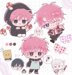  1girl 2boys apron bag bag_over_head black_eyes black_hair black_hoodie black_pants black_shoes black_slippers blue_eyes blush_stickers chibi collared_shirt commentary_request flying_sweatdrops fukuhara_tamon glowstick grid_background hand_fan heart highres hood hoodie jacket kinoshita_utage kisunai_ibuki light_blush long_sleeves male_focus mole mole_under_eye multiple_boys multiple_views mushroom mushroom_on_head necktie one_eye_closed pants paper_bag paper_fan parted_bangs pink_hair pink_jacket pink_pupils sakaguchi_ouri shirt shoes short_hair side_part single_blush_sticker slippers speech_bubble spoken_heart striped_clothes striped_shirt tamon-kun_ima_docchi uchiwa vertical-striped_clothes vertical-striped_shirt white_background 