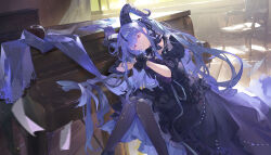  1girl absurdly_long_hair absurdres apple arknights bang_dream! bang_dream!_it's_mygo!!!!! black_dress black_gloves black_horns black_ribbon black_wrist_cuffs blue_hair brown_eyes chair chinese_commentary commentary_request curled_horns curtains detached_collar dress food frilled_dress frilled_sleeves frilled_wrist_cuffs frills fruit gloves grey_pantyhose hair_ribbon highres horns indoors instrument long_hair pantyhose piano puffy_sleeves ribbon sidelocks sitting solo togawa_sakiko togawa_sakiko_(master_of_melodia) very_long_hair window wrist_cuffs xiaoyuanlianchishenme 