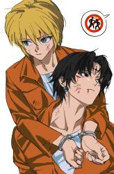  1boy 1other androgynous black_eyes black_hair blonde_hair blood blood_on_face blood_on_hands bound bound_wrists chrollo_lucilfer cross_tattoo cuffs earrings facial_mark facial_tattoo forehead_mark forehead_tattoo handcuffs highres hunter_x_hunter jewelry kurapika long_sleeves looking_to_the_side prison_clothes sgossho shirt short_hair simple_background speech_bubble tattoo upper_body white_background white_shirt 