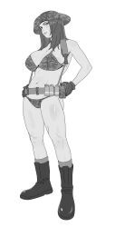  1girl absurdres belt bikini boots breasts camouflage camouflage_bikini camouflage_hat combat_knife explosive full_body gloves grenade greyscale highres knife large_breasts load_bearing_vest long_hair mochui monochrome navel original sheath sheathed socks solo swimsuit weapon white_background 