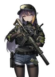  1girl absurdres baseball_cap black_hat blonde_hair blue_eyes blue_shorts brown_pantyhose commentary_request commission goggles goggles_on_headwear gradient_hair grey_hair gun hat heterochromia highres holding holding_gun holding_weapon holster looking_at_viewer multicolored_hair original pantyhose pixiv_commission purple_hair rynn_(rynn_cube) scope shorts simple_background solo standing sweden swedish_flag tactical_clothes thighband_pantyhose walkie-talkie weapon white_background yellow_eyes 