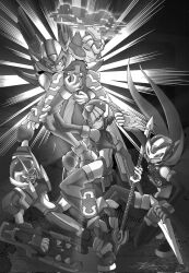  1girl 4boys armor commentary cyber_elf_x_(mega_man) english_commentary fairy_leviathan_(mega_man) fighting_fefnir_(mega_man) forehead_jewel greyscale group_picture halo helmet hidden_phantom_(mega_man) highres holding holding_kunai holding_polearm holding_weapon kunai mega_man_(series) mega_man_zero_(series) monochrome multiple_boys ninja polearm robe sage_harpuia_(mega_man) scarf spear srn001terra weapon x_(mega_man) 