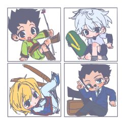  4boys androgynous black_hair black_necktie blonde_hair blue_suit blue_tabard boots briefcase commentary_request fishing_rod formal_clothes glasses gon_freecss green_boots green_jacket green_shorts highres holding holding_fishing_rod hunter_x_hunter jacket killua_zoldyck korean_commentary kurapika layered_sleeves leorio_paladiknight long_sleeves looking_at_viewer male_focus multiple_boys myangmyak4 necktie round_eyewear shirt short_hair short_over_long_sleeves short_sleeves shorts simple_background skateboard smile spiky_hair suit sunglasses sword tabard weapon white_background white_hair white_shirt wooden_sword 
