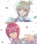  2boys ahoge artist_name blonde_hair cross crossover crown grey_eyes highres hotori_tadase long_sleeves looking_at_viewer male_focus multiple_boys open_mouth petals pink_eyes red_vest redhead riddle_rosehearts shirt short_hair shugo_chara! smile teeth twisted_wonderland vest waka_ryou white_shirt 