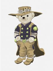  belt belt_buckle black_shirt brown_hat brown_pants buckle cape commentary_request cowboy_hat full_body grey_belt gyro_zeppeli hat highres holding jojo_no_kimyou_na_bouken pants serious shirt short_sleeves solo spurs standing steel_ball_run studded_belt stuffed_animal stuffed_toy teddy_bear usabeeeam2 white_background wristband 