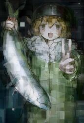  1girl :d ahoge animal blonde_hair blue_eyes blywkissy2 chinese_commentary coat combat_helmet commentary_request dim_lighting distortion fish fur-trimmed_coat fur_trim green_coat hands_up helmet highres holding holding_animal holding_fish long_hair long_sleeves looking_at_viewer military_uniform shoujo_shuumatsu_ryokou smile solo stahlhelm standing upper_body v yuuri_(shoujo_shuumatsu_ryokou) 