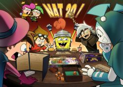  2girls 4boys 5boys :d ^^^ ^_^ android arms_behind_head arms_up bag belt blue_cape blue_eyes blue_hair board_game book brown_belt brown_capelet brown_gloves brown_hair brown_shirt burger cape capelet card clenched_hands cloak closed_eyes colored_skin commentary computer cosmo_(fairly_oddparents) cup danny_fenton danny_phantom dice disposable_cup drinking_straw dungeons_&amp;_dragons emphasis_lines english_commentary english_text excited fangs figure food french_fries game_console_case glasses gloves goddard_(jimmy_neutron) goggles goggles_on_head goggles_on_headwear green_cape green_capelet green_eyes green_skin grey_hair hair_bun happy hat helmet highres holding holding_wrench hood hood_up hooded_cape hooded_cloak izzy_(izbubbles) jenny_wakeman jimmy_neutron jimmy_neutron_(series) laptop laughing long_sleeves looking_at_another map model_kit multiple_boys multiple_girls my_life_as_a_teenage_robot nickelodeon notice_lines open_mouth orange_shirt pants pink_eyes pink_gloves pink_hair pink_shirt pink_skin pizza_box pointing pouch red_shirt robot round_eyewear screw screwdriver sharp_teeth shirt short_hair short_sleeves sitting smile sparkle spongebob_squarepants spongebob_squarepants_(series) surprised table teeth the_fairly_oddparents timmy_turner toon_(style) upper_teeth_only wanda_(fairly_oddparents) white_gloves white_hair wide-eyed wooden_table wrench yellow_eyes yellow_pants yellow_shirt 