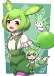  1girl creature_and_personification green_footwear green_hair green_shorts green_suspenders highres looking_at_viewer open_mouth pea_pod puffy_short_sleeves puffy_shorts puffy_sleeves shirt short_hair short_sleeves shorts suspender_shorts suspenders umenodo voiceroid white_shirt yellow_eyes zundamon 