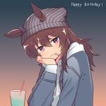  1girl aimai_(luckyfive) animal_ears beanie black_background blue_jacket brown_background closed_mouth cup drawstring drinking_glass drinking_straw ears_through_headwear gradient_background grey_headwear hand_up happy_birthday hat highres hood hood_down hoodie horse_ears jacket long_hair looking_at_viewer mouth_hold nakayama_festa_(umamusume) open_clothes open_jacket smile solo umamusume upper_body violet_eyes white_hoodie 