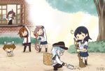  6+girls ahoge akebono_(kancolle) bell black_hair black_headwear black_sailor_collar black_skirt black_thighhighs black_vest blue_sailor_collar blue_skirt brown_hair flat_cap flower gloves grey_hair hagikaze_(kancolle) hair_bell hair_flower hair_ornament hat hibiki_(kancolle) ikazuchi_(kancolle) jingle_bell kantai_collection long_hair long_sleeves multiple_girls neckerchief one_side_up outdoors pink_flower pleated_skirt purple_hair red_neckerchief saiguchi_otoufu sailor_collar school_uniform serafuku short_hair short_sleeves side_ponytail skirt thigh-highs tree ushio_(kancolle) vest white_gloves window yukikaze_(kancolle) 