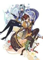  2girls absurdres black_hairband blue_hair blue_necktie boots brown_hair brown_pantyhose chiori_(genshin_impact) commentary_request drill_hair drill_ponytail eula_(genshin_impact) genshin_impact gnsn_tukituki hairband high-waist_shorts highres japanese_clothes kimono medium_hair multiple_girls necktie pantyhose short_kimono shorts smile song_of_broken_pines_(genshin_impact) thigh_boots white_background yellow_kimono 