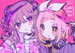  2girls bangs_pinned_back blush bow braid choker closed_mouth crossover d4dj dated denonbu double_bun hair_bow hair_bun hairband headphones heart highres inubousaki_shian inuyose_shinobu jacket kiato long_sleeves looking_at_viewer multiple_girls official_art open_mouth pink_background pink_hair purple_hair second-party_source short_hair signature smile twin_braids upper_body violet_eyes yellow_eyes 