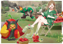  >_< 1girl :d ^_^ absurdres alternate_color annoyed apple apple_hair_ornament apple_print basket border bread breasts brown_hair burning chair chi-yu_(pokemon) closed_eyes commentary_request crossed_legs dipplin dirty dirty_clothes drinking drinking_straw eating ekans fangs fire floating folding_chair food food-themed_hair_ornament food_print fruit fruit_basket fruit_print glassy0302 green_kimono green_shorts hair_ornament happy highres holding holding_pokemon japanese_clothes kimono kuraishi_ringo_(glassy0302) large_breasts laughing leaf long_hair low_twintails meat mini_flag nature ogerpon ogerpon_(hearthflame_mask) on_chair open_mouth original outdoors outside_border parted_bangs plant pokemon pokemon_(creature) pokemon_scarlet_and_violet rillaboom running sandals sandwich scared shiny_pokemon shorts signature sinistcha sitting smile smoke smoke_trail squatting tablecloth tears teeth tongue tongue_out twintails white_border xd zouri 