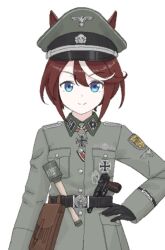  1girl belt black_belt black_cat03 black_gloves blue_eyes brown_hair cross explosive gloves grenade gun hand_on_own_hip handgun hat iron_cross jacket looking_at_viewer military_hat military_jacket military_uniform multicolored_hair nazi peaked_cap reichsadler shoulder_boards simple_background smile solo ss_insignia stielhandgranate streaked_hair swastika tokai_teio_(umamusume) totenkopf umamusume upper_body waffen-ss weapon white_background 