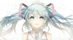  1girl bare_shoulders blue_eyes blue_hair collared_shirt commentary_request english_commentary floating_hair hair_between_eyes hair_ornament hatsune_miku long_hair looking_at_viewer meiya_(dia_douya) miku_day mixed-language_commentary open_mouth shirt sleeveless sleeveless_shirt solo straight-on twintails upper_body vocaloid white_background white_shirt 