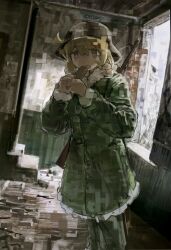  1girl absurdres ahoge blonde_hair blue_eyes blywkissy2 chinese_commentary coat combat_helmet commentary_request distortion dot_nose eating feet_out_of_frame food full_body fur-trimmed_coat fur_trim green_coat green_pants gun gun_on_back hands_up helmet highres holding holding_food indoors long_hair long_sleeves looking_at_viewer military_uniform open_mouth pants rifle shoujo_shuumatsu_ryokou solo stahlhelm standing weapon weapon_on_back yuuri_(shoujo_shuumatsu_ryokou) 