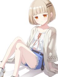  1girl absurdres alternate_hairstyle arm_support bare_legs blonde_hair blunt_bangs camisole collarbone colored_eyelashes commentary_request denim denim_shorts gakuen_idolmaster highres idolmaster knees_together_feet_apart looking_at_viewer orange_eyes robe rope_belt saika_blossom shinosawa_hiro shoes short_hair short_shorts shorts simple_background sitting solo white_background white_camisole white_robe white_shoes 