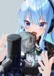  1girl blue_eyes blue_hair blush colored_inner_hair commentary english_commentary fingernails green_ribbon highres hololive hoshimachi_suisei hoshimachi_suisei_(2nd_outfit) lace_sleeves microphone multicolored_hair music neck_ribbon official_alternate_costume official_alternate_hair_length official_alternate_hairstyle open_mouth ribbon shirt singing sleeveless sleeveless_shirt star_(symbol) star_in_eye streaked_hair studio_microphone symbol_in_eye tarunyan two-tone_hair upper_body virtual_youtuber 